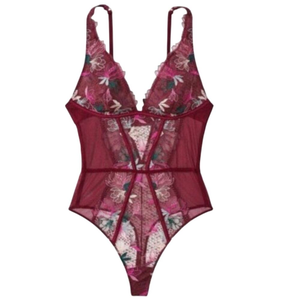 Victoria Secret Lingerie Teddy One Piece Bodysuit Small Berry Floral Lace New XL